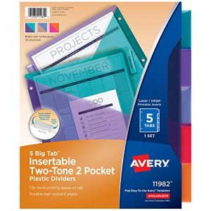 Avery Big Tab Insertable Plastic Dividers, Two-Tone Colors, Two Pockets, 5-Tab Set (11982)